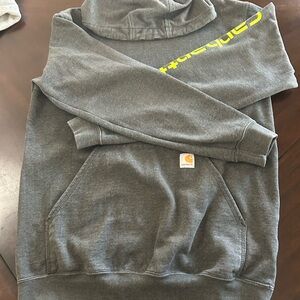 Carhartt Men's Dark Gray Zip-Up Hoodie with Yellow Sleeve Script